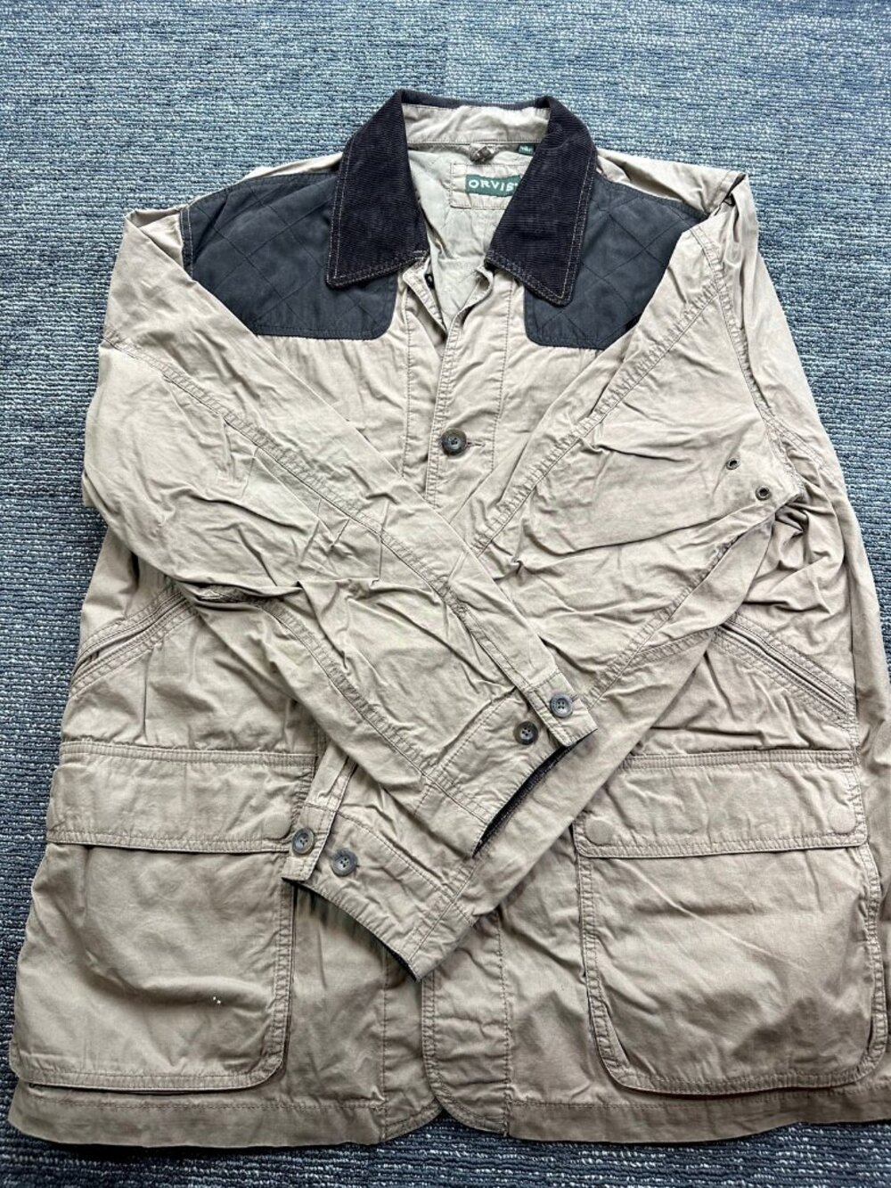 Orvis Mens XL Tan Khaki Shooting Hunting Field Jacket Quilted Shoulder Cotton